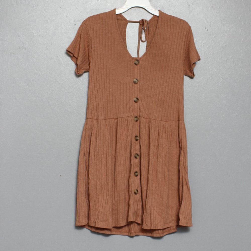 American Eagle ribbed brown viscose modal tie back button up dress
